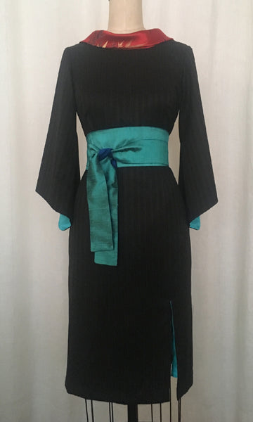 Pinstripe Roll-collar Dress with Kimono Sleeve, size X-small
