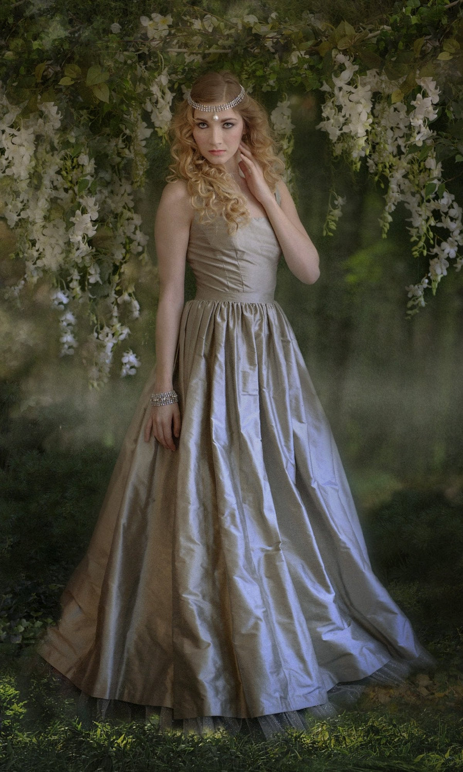 Platinum Scoopneck Shantung Ball Gown, X-small